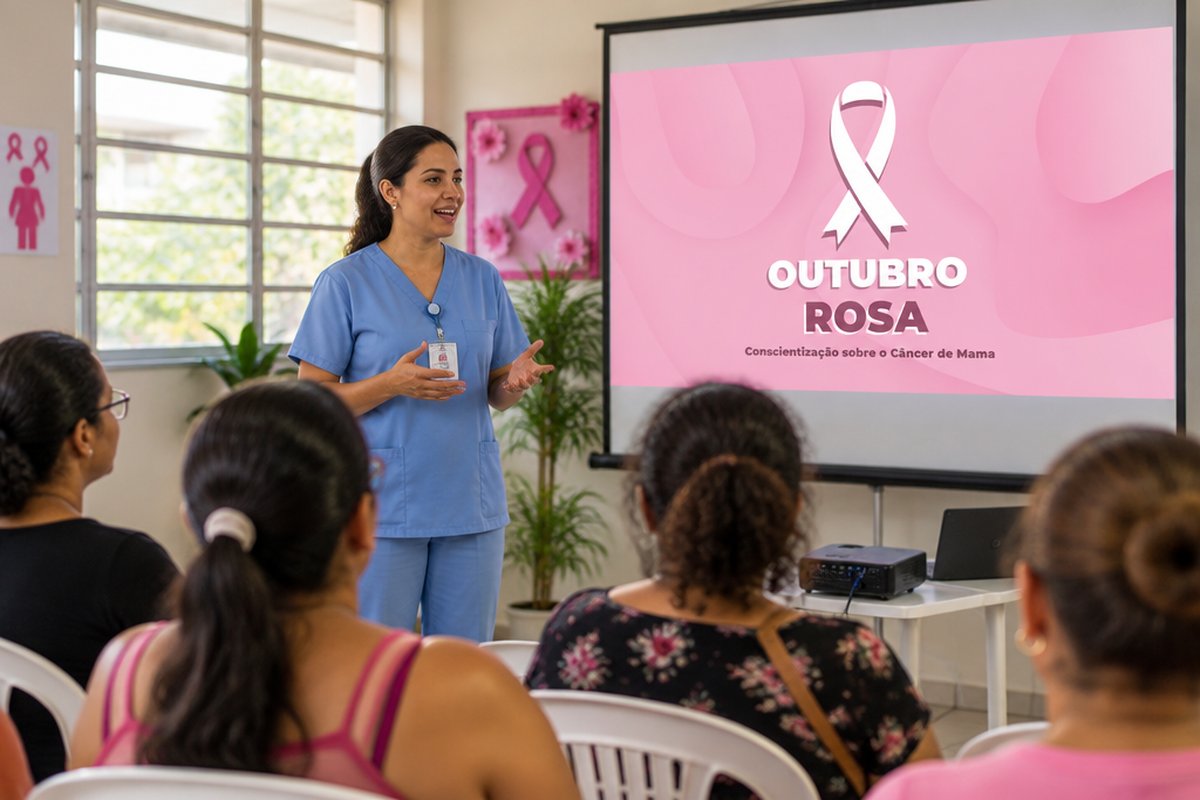 Enfermeira apresentando o template Outubro Rosa no projetor de uma unidade de saúde
