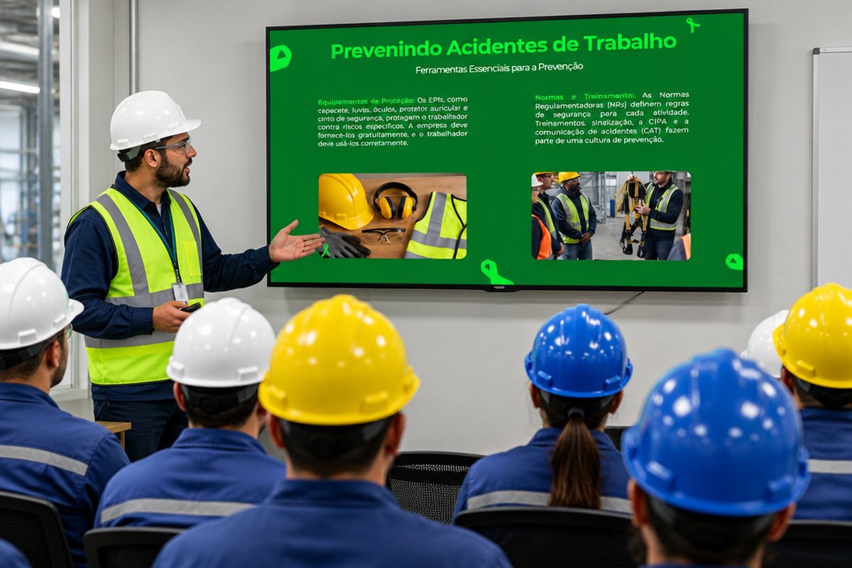 Técnico de segurança apresentando o template Abril Verde em um treinamento