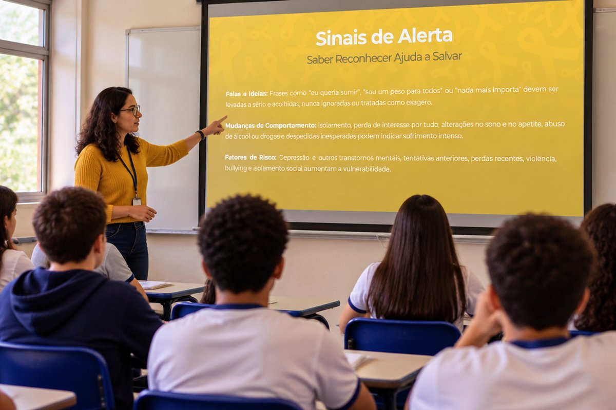 Professora apresentando o template Setembro Amarelo em sala de aula