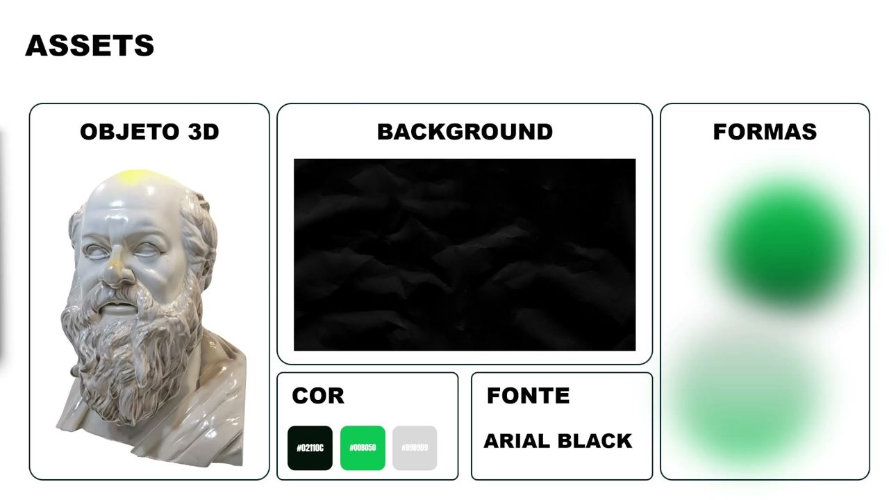 Slide com os materiais: busto 3D, fundo preto, formas verdes, cores e fonte