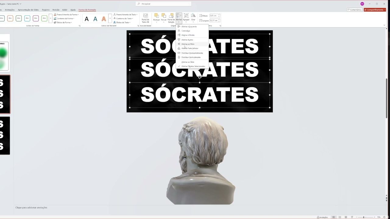 Textos selecionados para alinhar ao meio